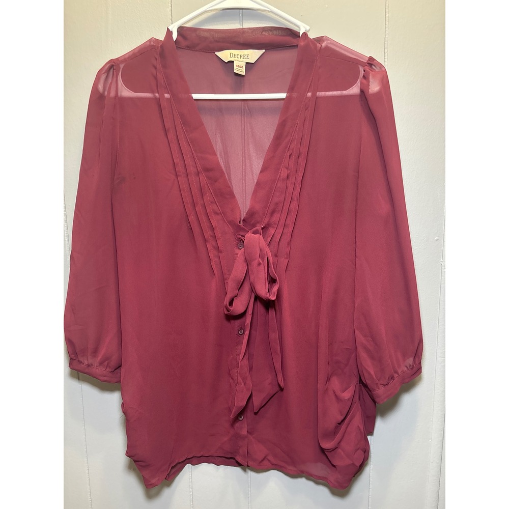 Decree Womens Sheer Burgundy Tie Neck Pleated V-Neck 3/4 Sleeve Blouse Size M